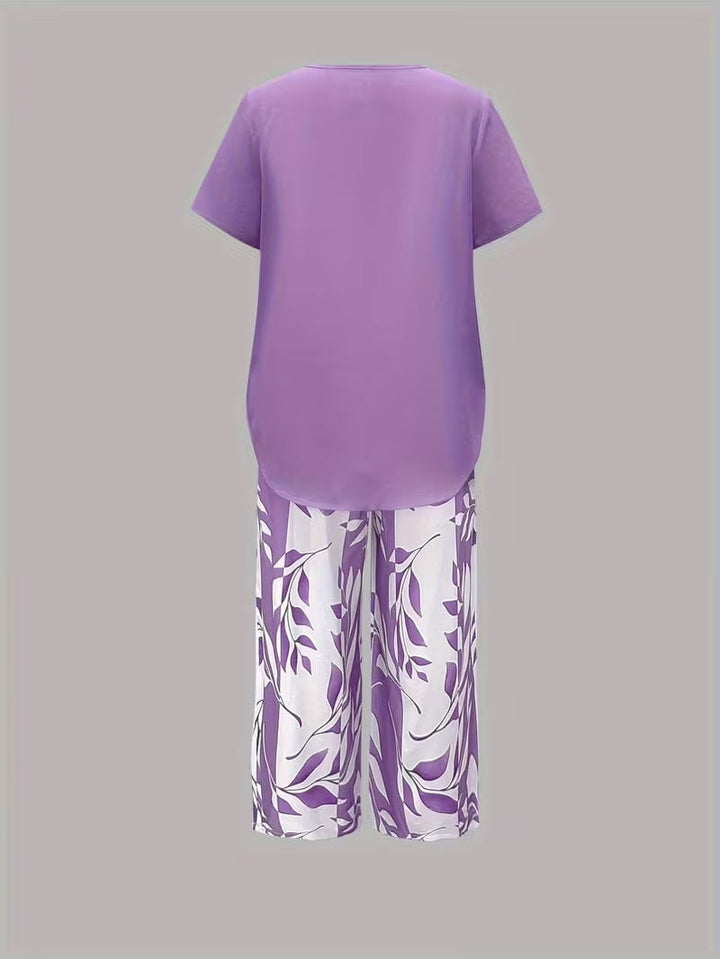 Arvessa | Women's Relaxed Leaf Print Two-Piece Ensemble
