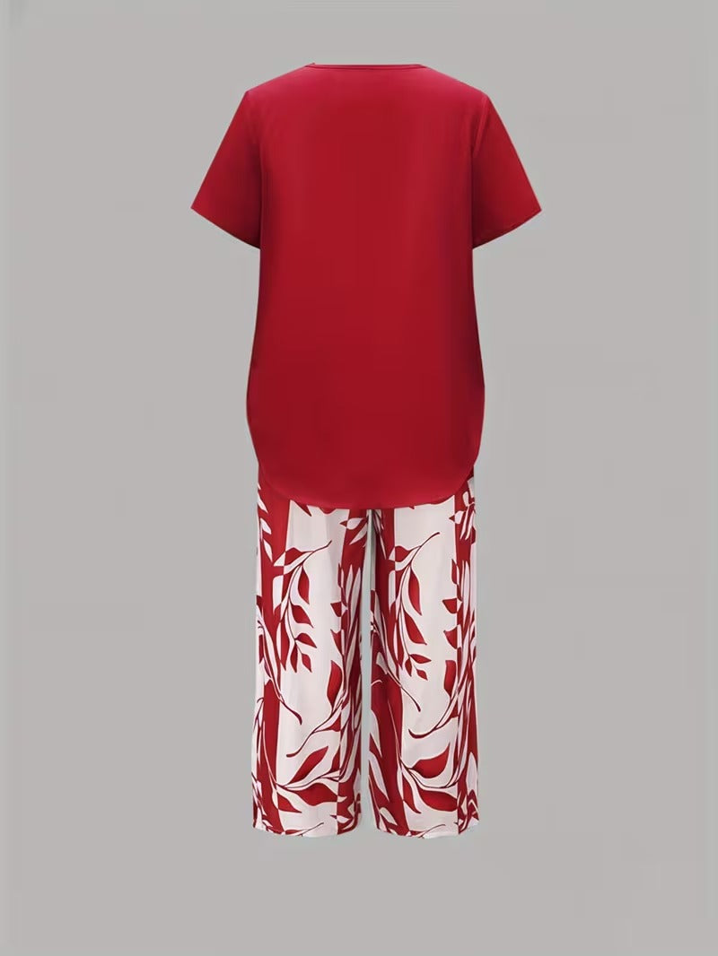 Arvessa | Women's Relaxed Leaf Print Two-Piece Ensemble