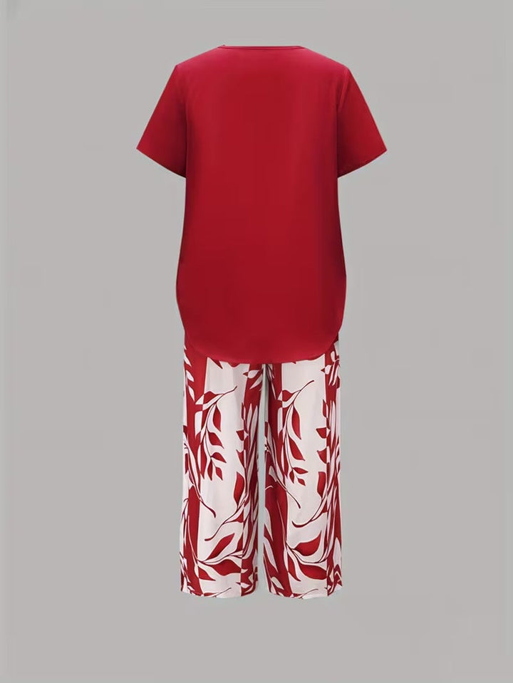 Arvessa | Women's Relaxed Leaf Print Two-Piece Ensemble
