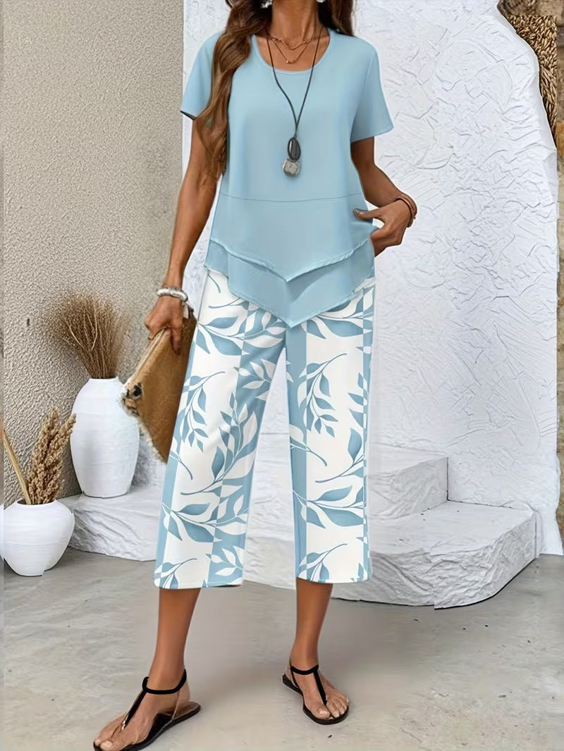 Arvessa | Women's Relaxed Leaf Print Two-Piece Ensemble