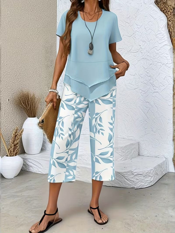 Arvessa | Women's Relaxed Leaf Print Two-Piece Ensemble