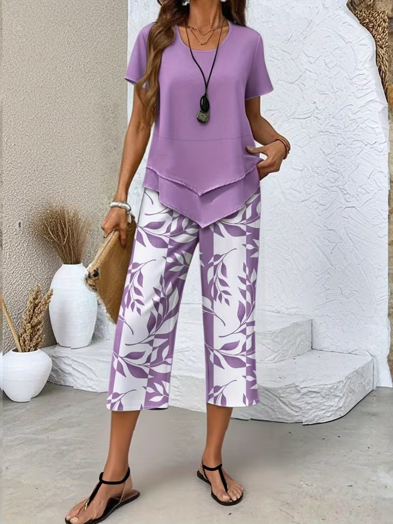 Arvessa | Women's Relaxed Leaf Print Two-Piece Ensemble