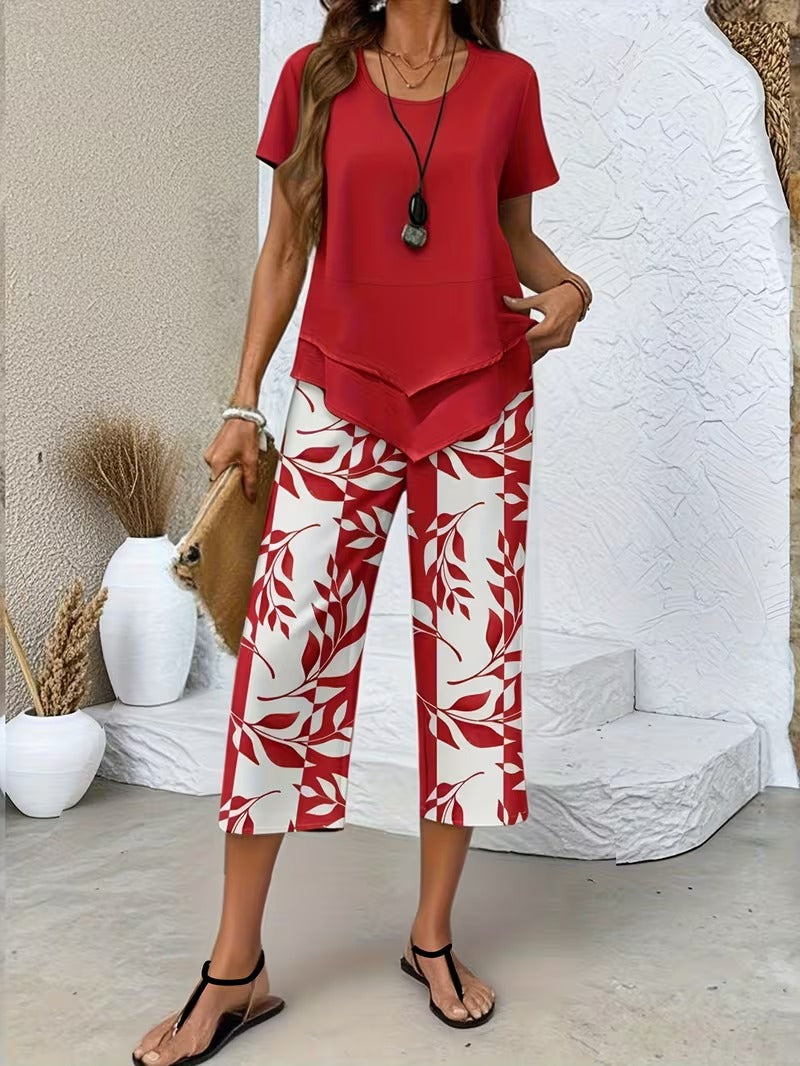 Arvessa | Women's Relaxed Leaf Print Two-Piece Ensemble
