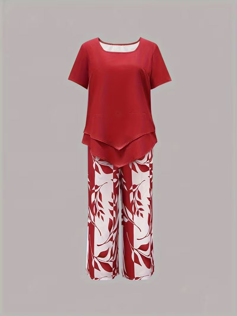Arvessa | Women's Relaxed Leaf Print Two-Piece Ensemble