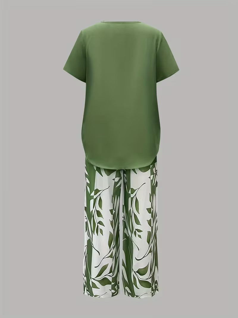 Arvessa | Women's Relaxed Leaf Print Two-Piece Ensemble