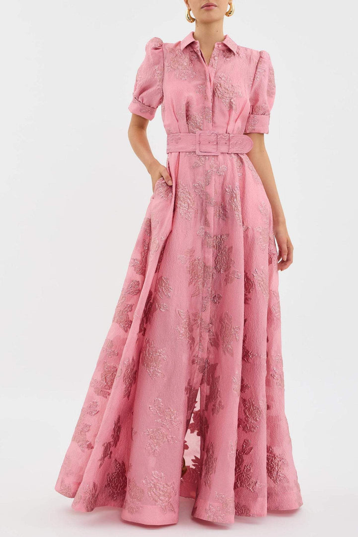 Aven | Women's Floral Retro Pink Lapel High Waist Maxi Dress