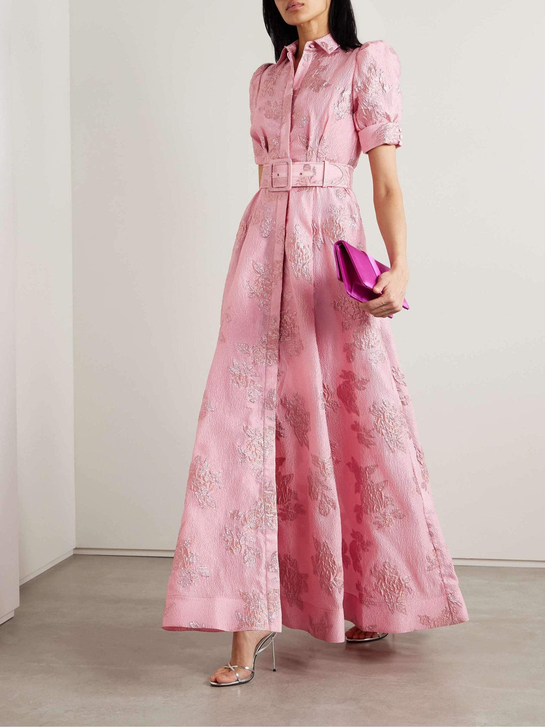 Aven | Women's Floral Retro Pink Lapel High Waist Maxi Dress