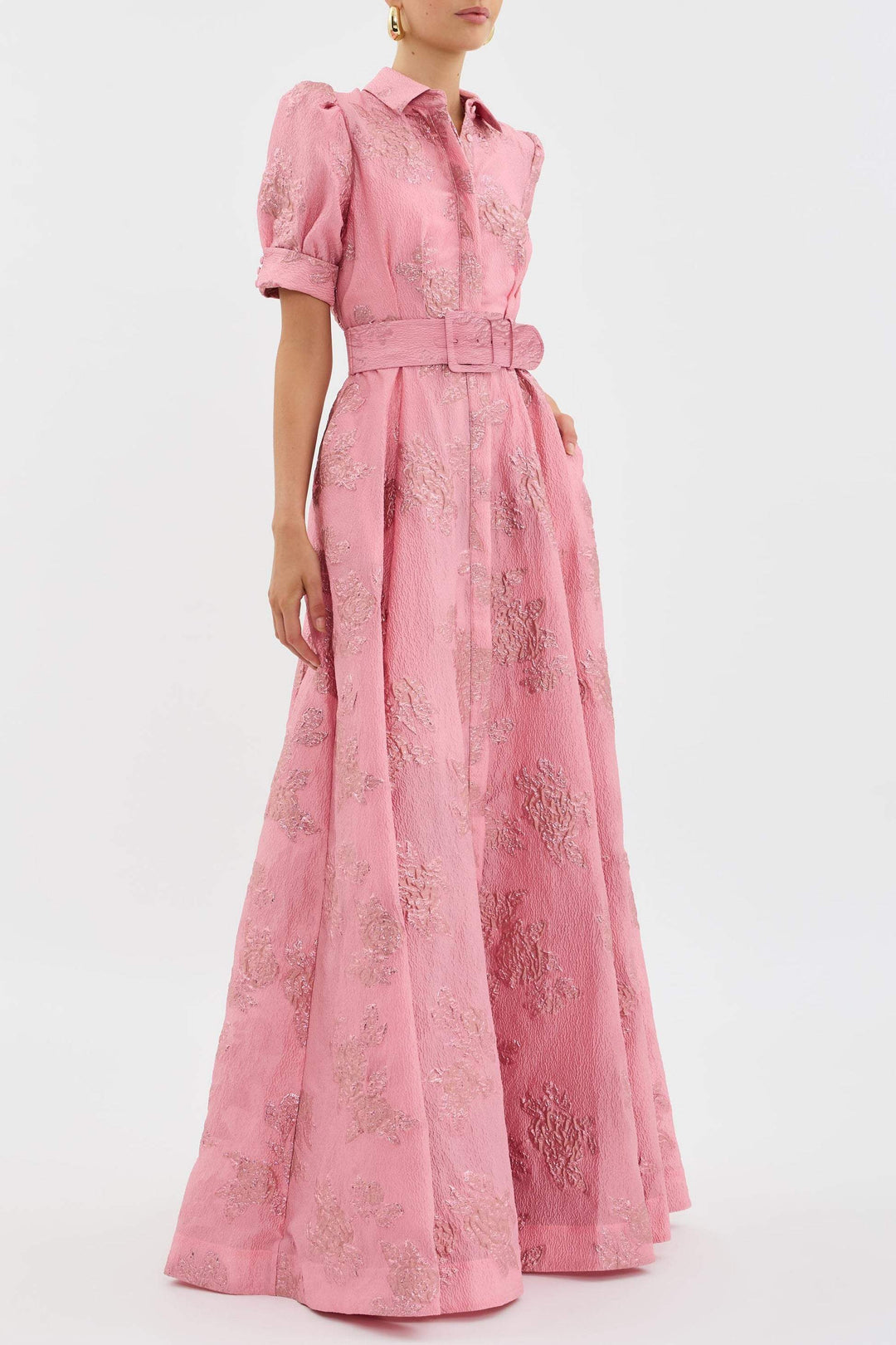 Aven | Women's Floral Retro Pink Lapel High Waist Maxi Dress
