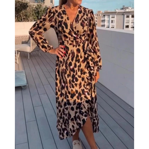 Lisandra | Women's Leopard Print Elegant Midi Dress with V-Neck