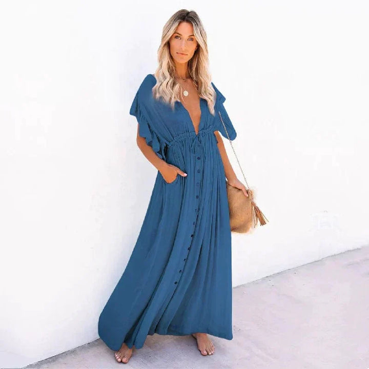 Anouk | Women's Maxi Marine Blue Ibiza Beach Dress with Ruffle Detail