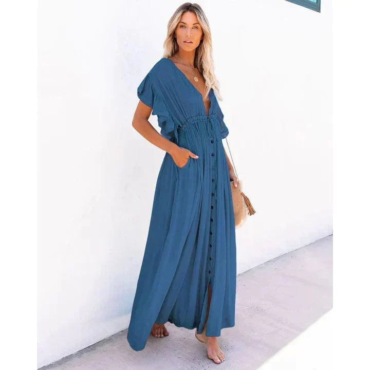 Anouk | Women's Maxi Marine Blue Ibiza Beach Dress with Ruffle Detail