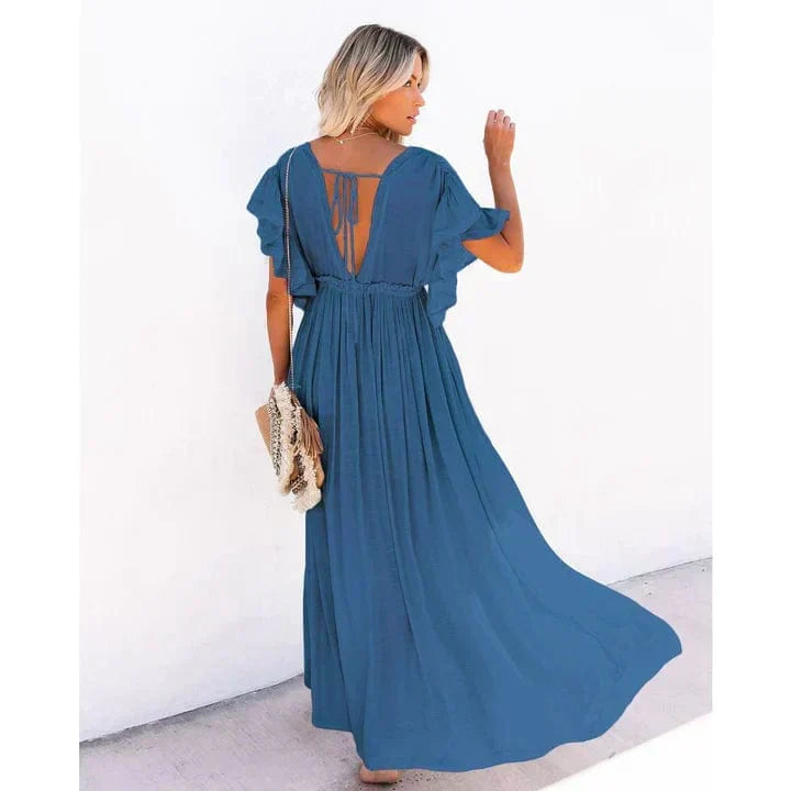 Anouk | Women's Maxi Marine Blue Ibiza Beach Dress with Ruffle Detail