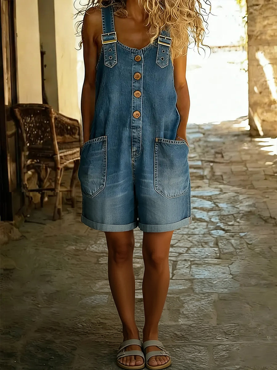 Women's Relaxed Fit Shorts Jumpsuit with Adjustable Straps and Pockets