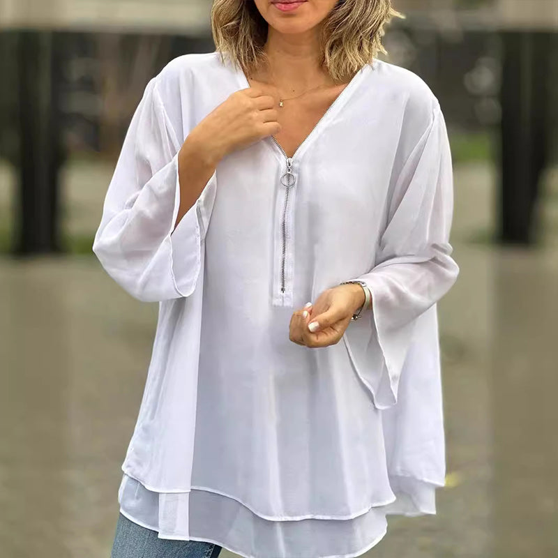 Heidi | Women's Longline V-Neck Flowy Zipped Top