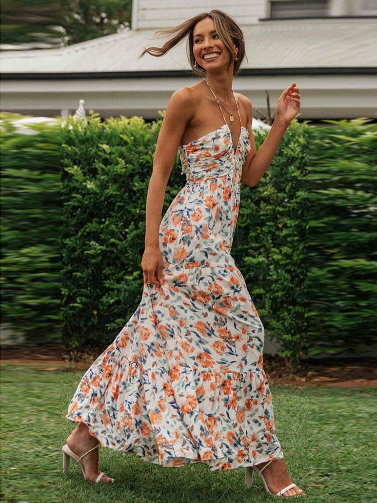Women's Elin Summer Wedding Guest Dress With Orange Flowers And V-Neck